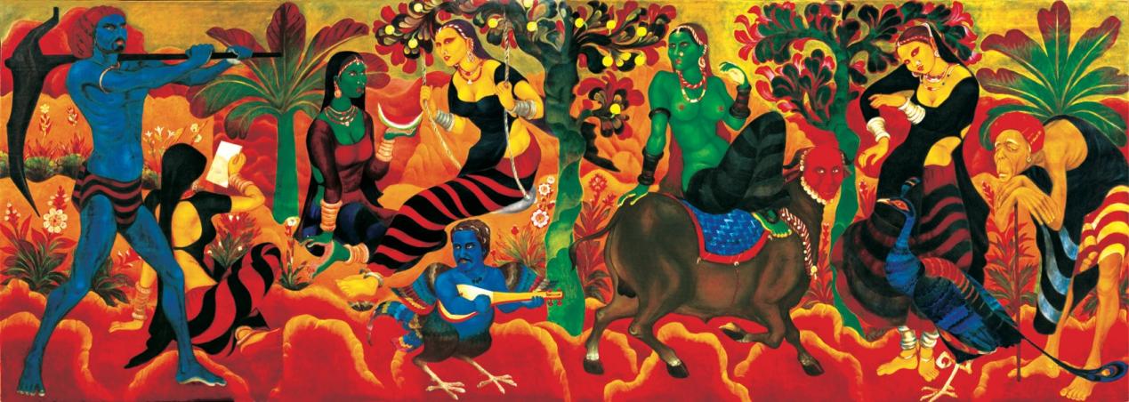 Sandhya (Last section of Yayati) Oil on canvas, 96by240 1986